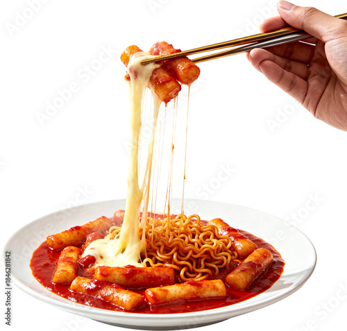 젓가락으로집은치즈늘어나는매운떡볶이