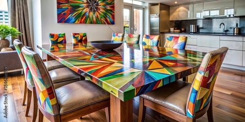 An elegantly appointed dining space featuring a vividly patterned table and matching chairs that burst with kaleidoscopic geometric artistry