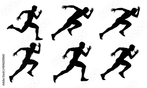 A collection of six black silhouettes depicting a person jogging in winter attire. The images capture various stages of the jogging motion, emphasizing the dynamic nature of running.
