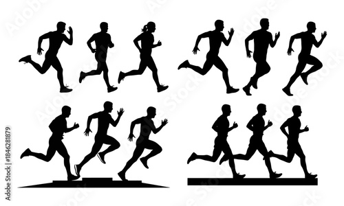 A collection of black silhouette images depicting various stages of winter jogging. The set includes multiple poses of runners in motion, capturing the essence of an invigorating winter run.