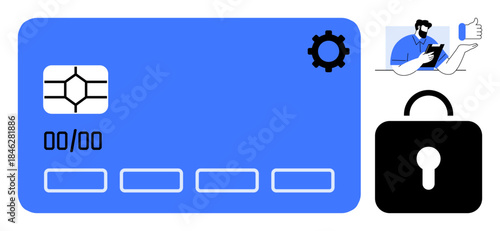 Digital payment, online services, secure transactions, fintech solutions, cybersecurity, identity authentication. Image displays a credit card, lock gear and a user verifying information. Focus on