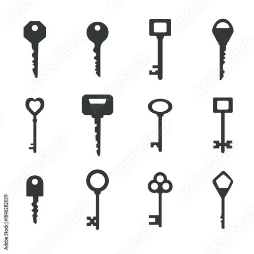 A set of door keys. Vector illustration in flat style. Key silhouettes isolated on a white background.