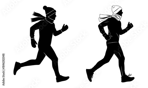 winter jogging silhouette set of old weather, exercise running with hat, scarf and gloves