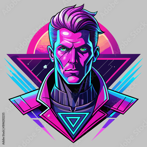 Vibrant futuristic man with neon lights and geometric shapes around him