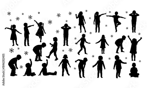 winter jogging silhouette set of running in snowflakes  