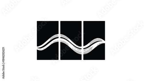 Abstract flowing wave design across three black panels, evoking movement and modernity