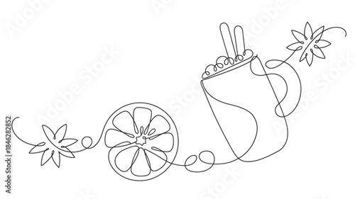 Minimalist one line drawing of a mug with citrus floral elements on transparent background silhouette