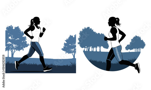 A set of two silhouettes of a runner jogging in a winter landscape. The runner is depicted in motion, showcasing the beauty and determination of outdoor exercise during the colder months.