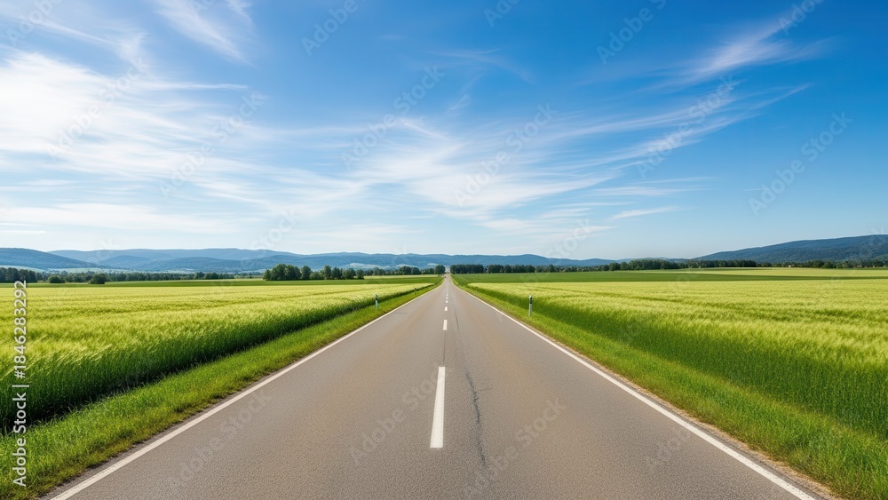 Fototapeta premium Empty road through green fields under a blue sky with clouds