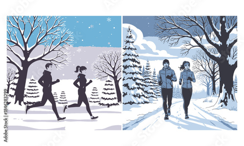 A serene winter scene featuring silhouettes of joggers against a snowy backdrop. The image captures the essence of outdoor exercise during winter with snow-covered trees and a tranquil atmosphere.