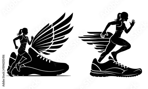 winter jogging silhouette of wings with speed motion of a athlete. 