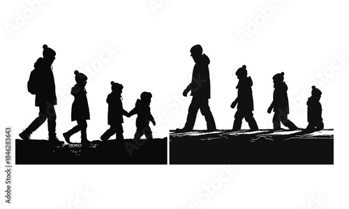 winter jogging silhouette set of family running in snow cold weather for outdoor activity