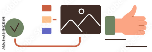Simplified process with verified checklist, image evaluation, and thumbs-up gesture. Ideal for project management, quality control, design critiques, workflow approval, team collaboration