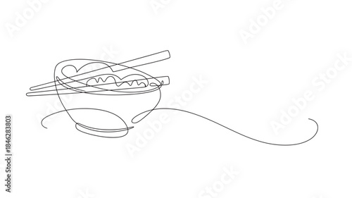 Ramen bowl with chopsticks line art illustration on transparent background silhouette