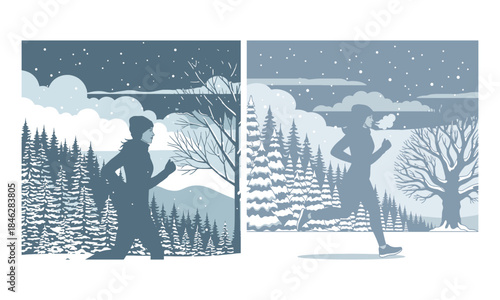winter jogging silhouette set of outdoor exercise running in nature