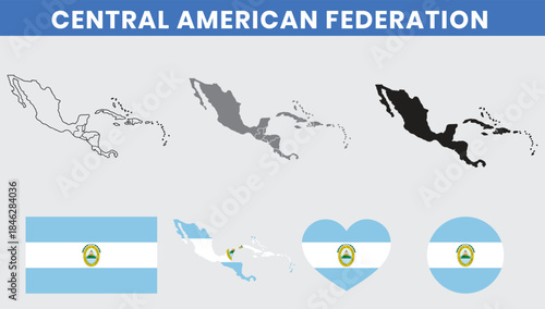 Central American Federation map vector with islands and national flag set