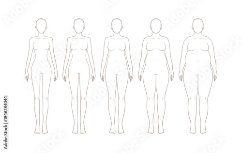 Female Body Weight Change Silhouette Illustration Showing Underweight to Obesity Stages, Standing Woman Anatomy and BMI Health Comparison