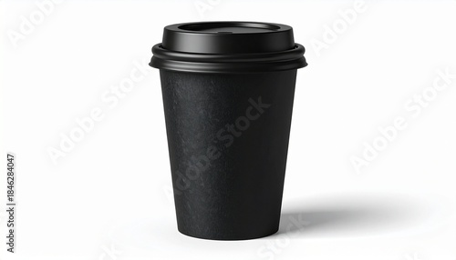 Black disposable coffee cup with brown sleeve on white background