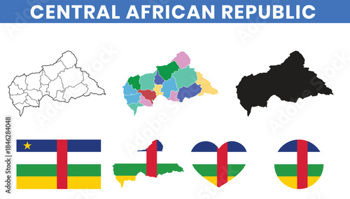 Central African Republic map vector with regions and national flag set