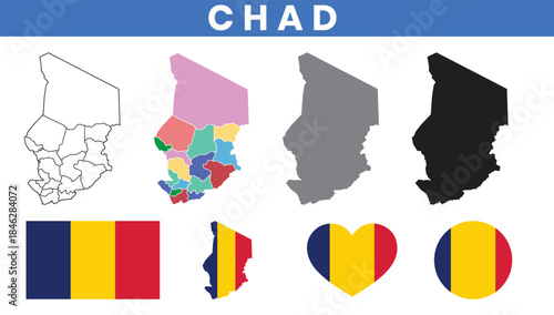 Chad map vector with regions and national flag set