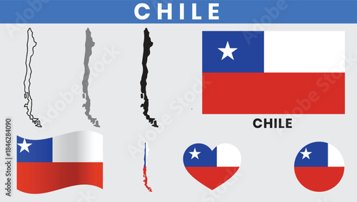 Chile map vector with regions and national flag set