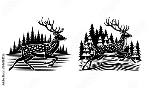 winter jogging silhouette set of deer running 