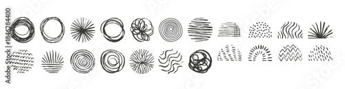 Set of round and semicircle abstract backgrounds or Patterns. Hand drawn doodle shapes. Spots, drops, curves, Lines. Contemporary modern trendy Vector illustration.