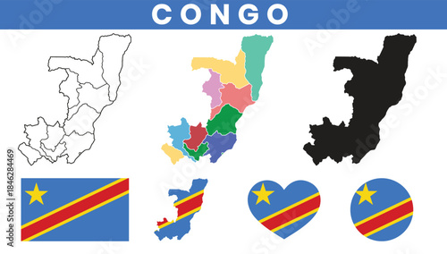 Democratic Republic of the Congo map and flag vector collection