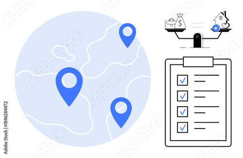 Business planning. Elements include location pins, balancing finances, and a checklist. Business planning improves strategy, task management, and global financial decisions. Great for startups