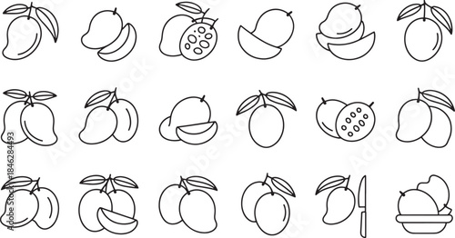Collection of 18 minimalist outline mango fruit icons and illustrations vector