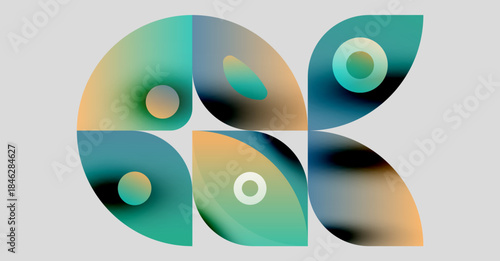 Abstract shapes blend turquoise, orange hues. Fluid forms create dynamic composition, modern aesthetic. Minimalist design, soft gradients present.