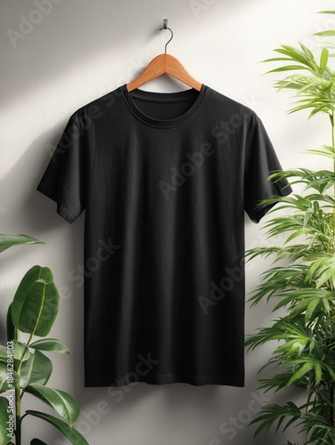 Minimalist Black T-Shirt Hanging on Wall with Green Plants in Natural Light