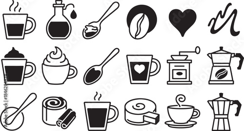 Collection of black and white minimalist line art icons for coffee and baking coffee cup hot drink