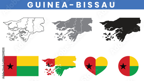 Guinea Bissau map set with regions outline silhouette and national flag icons