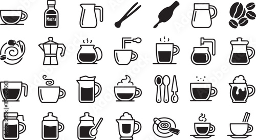 Collection of black and white minimalist outline icons for coffee and beverages vector