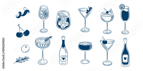 Blue hand-drawn doodle set of various cocktails, champagne bottles, and garnishes. Vector illustration in line art.