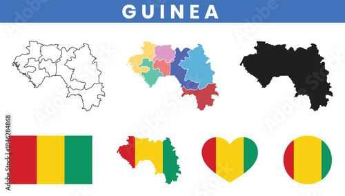 Guinea map set with regions outline silhouette and national flag icons