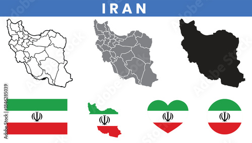 Iran map set with provinces outline silhouette and national flag icons