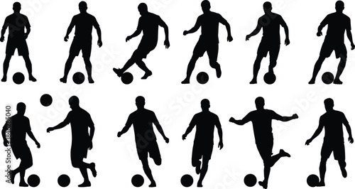 Collection of soccer player silhouettes performing football actions, dynamic athlete poses, sports motion figures, training movements, and competitive game illustration elements