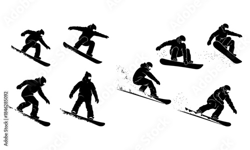 Snowboarder Silhouette Set: Winter Extreme Sports Action Poses and Tricks