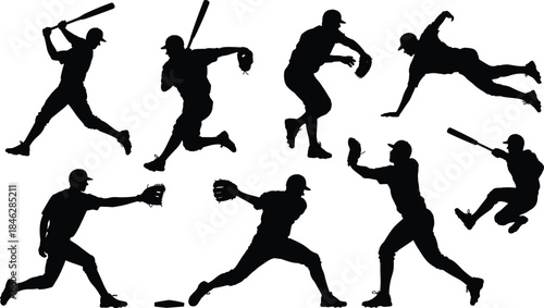 Dynamic collection of baseball player silhouettes showing pitching, batting, catching, running, and fielding actions for sports design, illustration, training, and creative projects