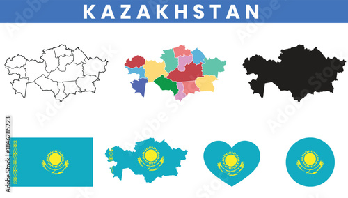 Kazakhstan Map and Flag Vector Set
