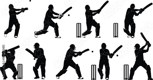 Silhouette collection of cricket players batting, striking the ball, performing professional sports actions, dynamic poses, competitive match illustrations for design use