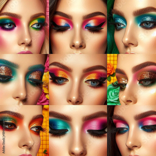 Vibrant Artistic Eye Makeup Collage with Professional Neon, Glitter, and Rainbow Beauty Looks