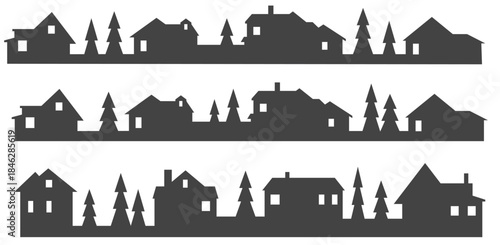 town and village houses on skyline silhouette of small