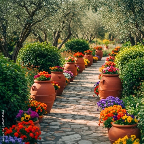 Serene Mediterranean Garden Pathway with Terracotta Pots and Vibrant Spring Flowers