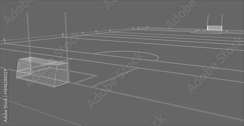 Detailed Wireframe Rendering of Gaelic Football Pitch Ground and Goalpost on Gray Background