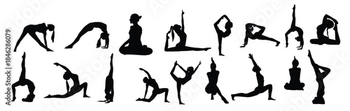 various yoga girls postures silhouette set of vector 