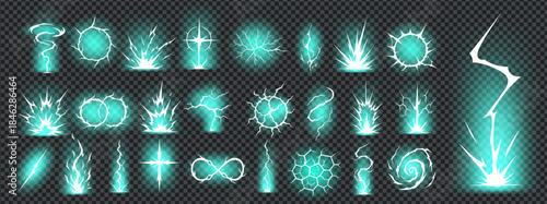 Comic lightning bolt effect combines thunder energy with manga background. Neon turquoise light creates electric storm motion and glowing power perfect for anime, game or sci-fi design VFX.