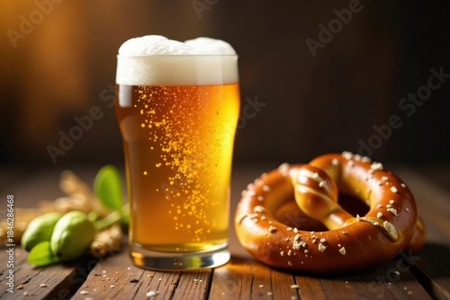 Golden oktoberfest beer with pretzel, wheat & hops, golden, shadow, background